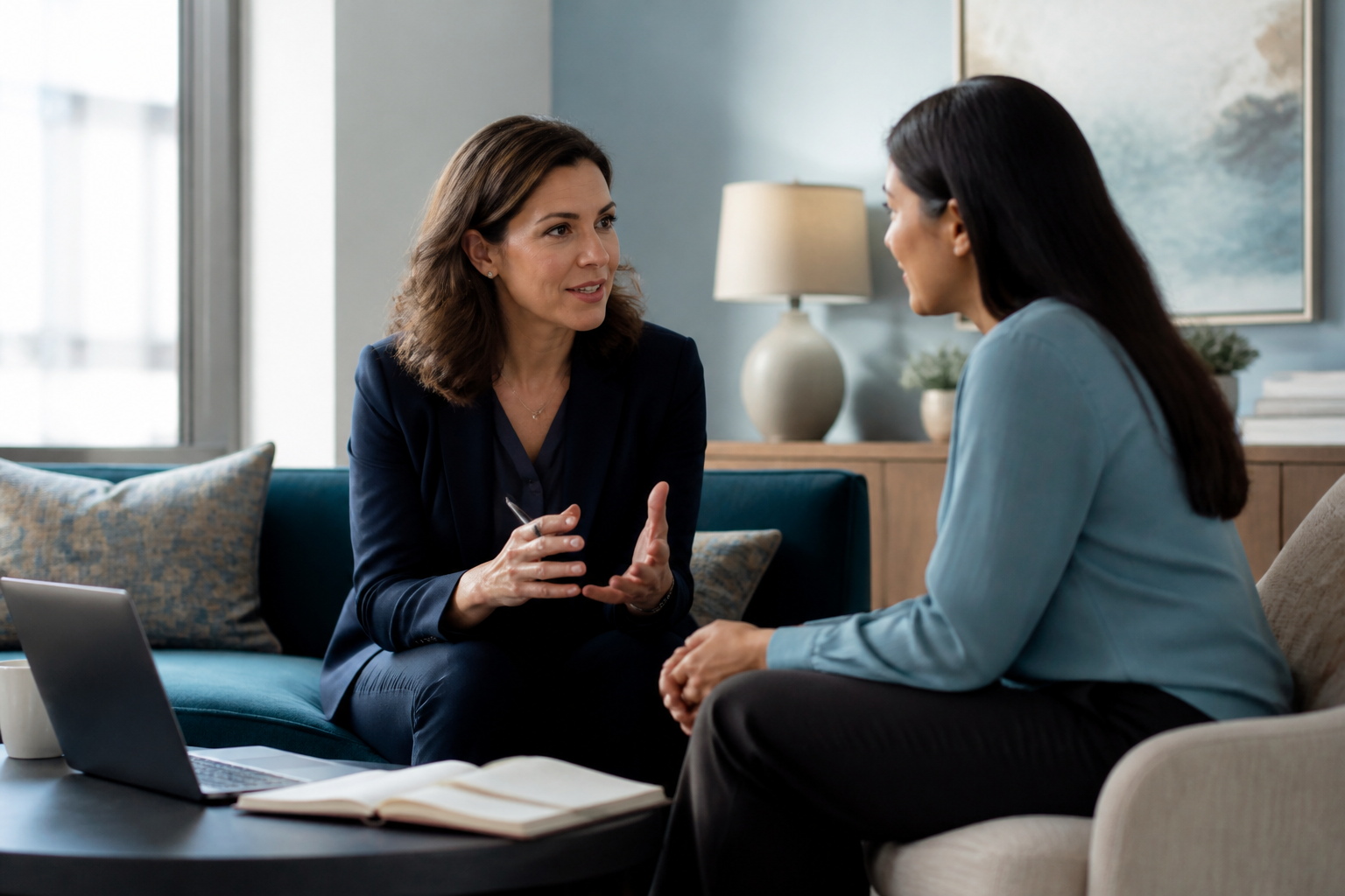 Consultant in a focused one-to-one executive coaching conversation